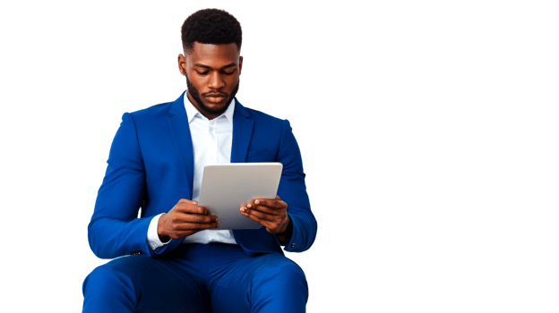Professional man in blue suit using tablet with transparent background png