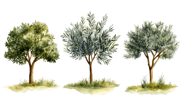 Three distinct watercolor trees with transparent background png