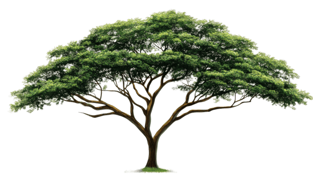 Large green tree with expansive canopy on transparent background png