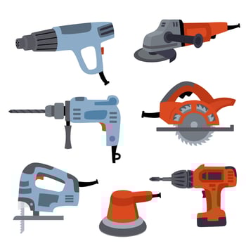 Hand drawn flat illustration of a power tools set, featuring a heat gun, angle grinder, electric drill, circular saw, jigsaw, orbital sander, and electric screwdriver vector