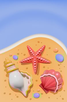 3D starfish and seashells on summer beach vector