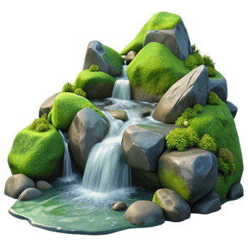 exceptional retro A crystal clear mountain stream cascading over smooth rocks, surrounded by lush green moss, photorealistic style genuine png