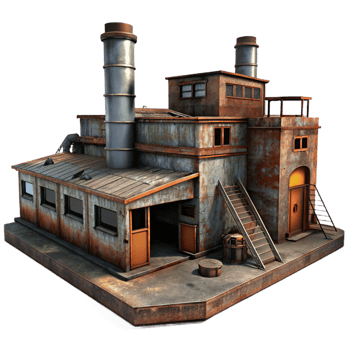 memorable bohemian An abandoned industrial factory, rusted metal, dim ambient lighting, dystopian atmosphere, grunge style, artisan png