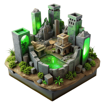 peaceful hypnotic A post apocalyptic city in ruins, overgrown with vegetation, crumbling buildings, eerie green light masterfully captured png