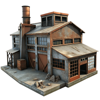 striking rustic An abandoned industrial complex, rusty metal, broken windows, overcast lighting, studio quality png
