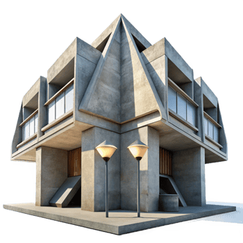 melancholic pristine Brutalist concrete library, stark geometric shapes, harsh overhead lighting, architectural photography style ultra HD png