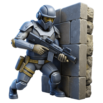 mysterious wonderful A futuristic soldier, armed with a plasma rifle, takes cover behind a crumbling wall in a war torn cityscape. Gritty, realistic lighting. Military sci fi style artisan png
