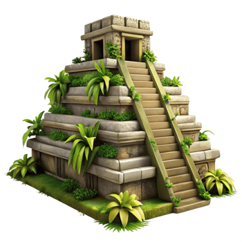 dreamy breathtaking An ancient Mayan pyramid overgrown with jungle vines, dappled sunlight, intricate stone carvings, mysterious atmosphere, sense of ancient history genuine png