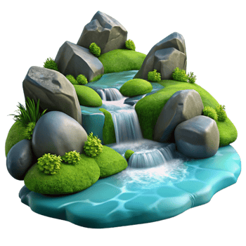 wonderful elegant A crystal clear mountain stream cascading over smooth rocks, surrounded by lush green moss, photorealistic style high quality png