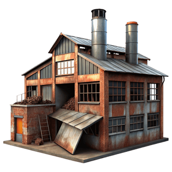 vibrant sought after An abandoned industrial complex, rusty metal, broken windows, overcast lighting, png