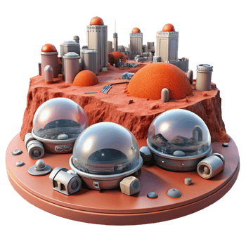 distinctive surreal A futuristic city on Mars, red dust covering buildings, pressurized domes, rovers driving in the distance handcrafted png