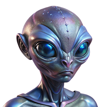fascinating exceptional A highly detailed, close up portrait of an alien with shimmering, metallic skin and multifaceted eyes, reflecting a vibrant nebula. Digital painting style png