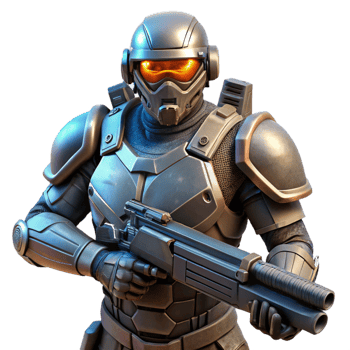 whimsical striking A futuristic soldier wearing power armor, holding a plasma rifle, dark and gritty style flawless png
