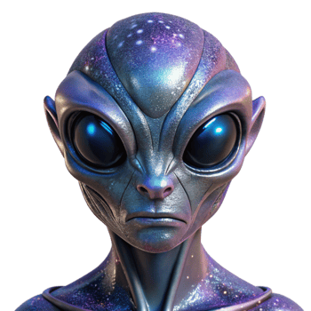 standout artistic A highly detailed, close up portrait of an alien with shimmering, metallic skin and multifaceted eyes, reflecting a vibrant nebula. Digital painting style studio quality png