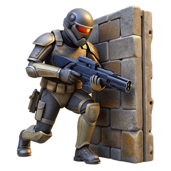 gorgeous artistic A futuristic soldier, armed with a plasma rifle, takes cover behind a crumbling wall in a war torn cityscape. Gritty, realistic lighting. Military sci fi style crisp png