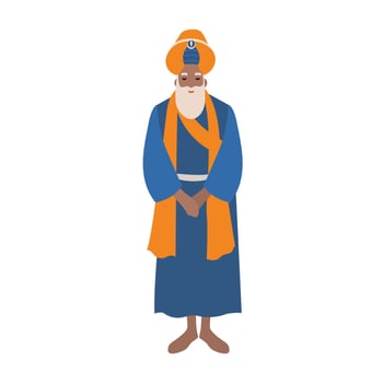 Barefoot sikh wearing traditional Indian clothes and turban isolated on white background. Religious person, clergyman or spiritual leader. Colorful illustration in flat cartoon style. vector