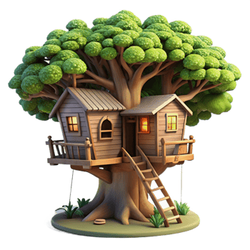 peaceful vibrant A treehouse built into a giant sequoia tree, dappled sunlight filtering through the leaves, fantasy art style refined png