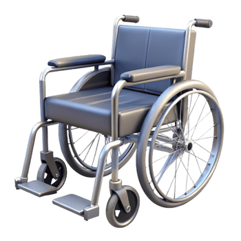 magnificent rare Wheelchair, foldable, with footrests anarmrests, metallic frame, fabric seat, render, soft lighting, isolateon transparent background,high-resolution product photography png