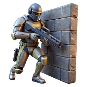 whimsical pristine A futuristic soldier, armed with a plasma rifle, takes cover behind a crumbling wall in a war torn cityscape. Gritty, realistic lighting. Military sci fi style genuine png