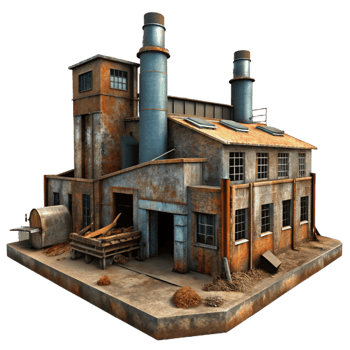 whimsical dramatic An abandoned industrial factory, rusted metal and broken windows, dim lighting, gritty realism, decaying urban landscape, post apocalyptic feel precision png