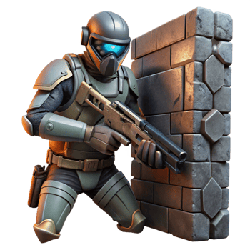 celebrated classic A futuristic soldier, armed with a plasma rifle, takes cover behind a crumbling wall in a war torn cityscape. Gritty, realistic lighting. Military sci fi style fine detail png