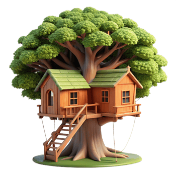 exquisite memorable A treehouse built into a giant redwood tree, dappled sunlight filtering through leaves, rustic wooden construction, whimsical atmosphere, magical realism png