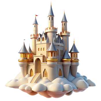gorgeous vintage A majestic castle floating in the clouds, soft, golden sunlight, dreamlike style masterfully captured png