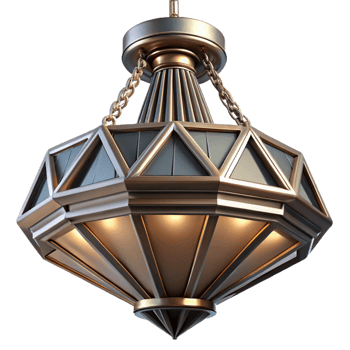 notable urban Art Deco chandelier with geometric shapes, metallic finish, dramatic lighting, bottom view, studio photography, isolateon transparent background,high-resolution product photography 8K png