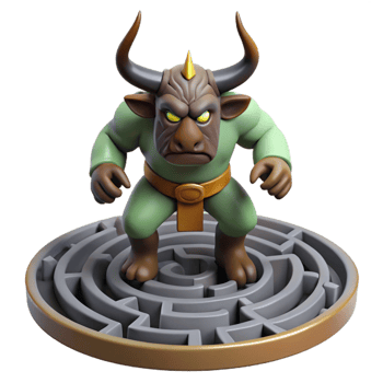 radiant playful gothic A fearsome minotaur guarding a labyrinth, dimly lit, realistic style expertly shot png
