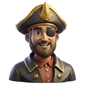 joyful pristine Portrait of a charismatic pirate captain with an eye patch, a tricorne hat, and a mischievous grin. Warm, golden lighting. Digital painting style gallery standard png