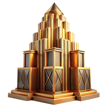 nostalgic mesmerizing Art Deco skyscraper, intricate geometric facade, golden hour lighting, volumetric lighting, ray tracing, highly detailed, octane render, authentic png