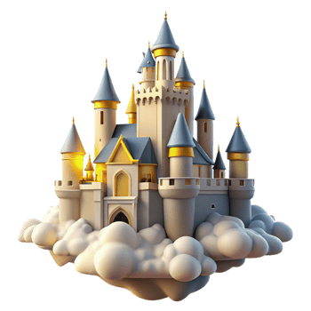 celebrated surreal A majestic castle floating in the clouds, soft, golden sunlight, dreamlike style top tier png
