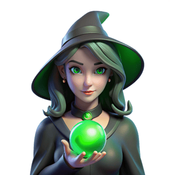 calm glorious Portrait of a young witch with glowing green eyes, flowing black hair, and holding a crystal ball. Dark, mystical lighting. Digital painting style luxury png