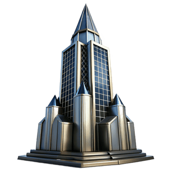 fascinating quintessential Art Deco skyscraper, chrome and black glass, sharp geometric lines, volumetric lighting, cinematic angle, highly detailed, 8k, png