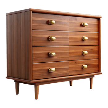glorious bolcreative Mid-century modern dresser, walnut wood, six drawers, brass handles, front view, soft lighting, isolateon transparent background,high-resolution product photography refined png