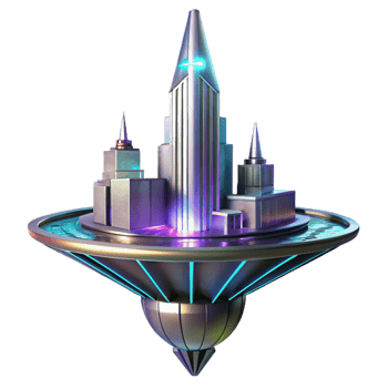 fascinating minimalist A futuristic, floating skyscraper, sleek and metallic design, neon city lights reflection, cyberpunk style, exclusive png