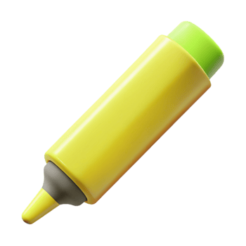 immaculate nostalgic gothic Highlighter pen, fluorescent yellow, cap off, nib visible, side view, soft lighting, isolateon transparent background,high-resolution product photography studio quality png