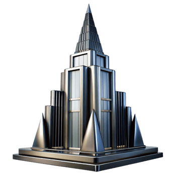 spectacular rare Art Deco skyscraper, chrome and black glass, sharp lines, volumetric lighting, high contrast, stylized, png