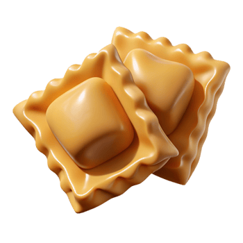 extraordinary whimsical baroque Ravioli pasta square, fillewith meat, dramatic lighting, side view, detaileillustration, isolateon transparent background,high-resolution product photography artisan png