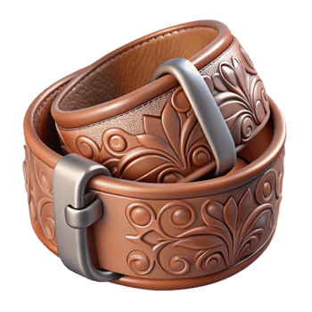 passionate magnificent Leather belt with a silver buckle, intricate embossefloral design, worn texture, soft lighting, isolateon transparent background,high-resolution product photography refined png