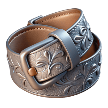 splendiquintessential Leather belt with a silver buckle, intricate embossefloral design, worn texture, soft lighting, isolateon transparent background,high-resolution product photography png