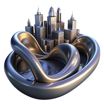 radiant playful renaissance Flowing ribbons of liquid mercury, reflecting a distorted cityscape at night, surrealist style authentic png