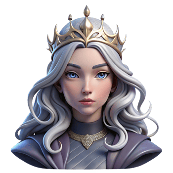 ethereal extraordinary Portrait of a majestic queen with flowing silver hair and a regal expression, wearing an ornate crown, lit by dramatic chiaroscuro lighting, fantasy art style luxury png
