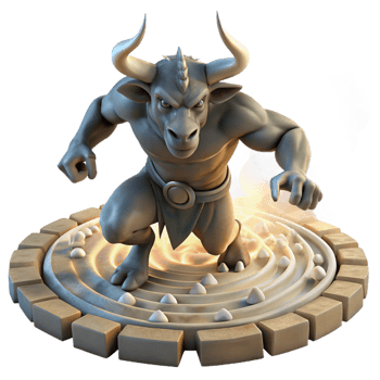 dramatic traditional A powerful minotaur charging through a labyrinth, dust motes dancing in the shafts of light from above, dark fantasy style flawless png