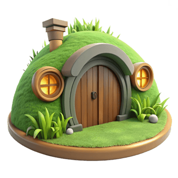 radiant signature A hobbit hole built into a hillside, round wooden door, lush green grass, idyllic atmosphere, fantasy style, png