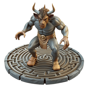 reflective picturesque A powerful minotaur in a labyrinth, intricate stonework, chiaroscuro lighting, Renaissance style luxury png