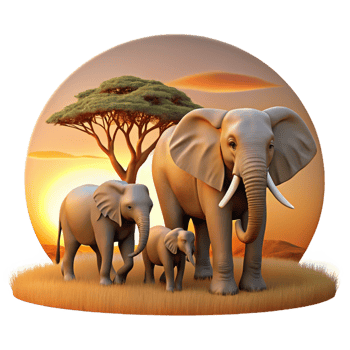 radiant quintessential A family of elephants walking across the African savanna, warm sunset lighting, documentary photography style png