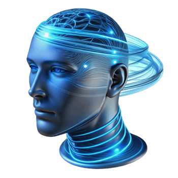wonderful memorable A transparent human head filled with swirling lines of code, illuminated from within by a pulsating blue light, cyberpunk style png