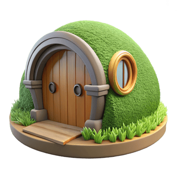 dramatic vibrant A hobbit hole built into a hillside, round wooden door, lush green grass, idyllic atmosphere, fantasy style, luxury png