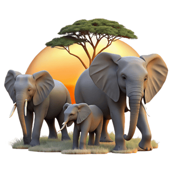 reflective sumptuous A family of elephants walking across the African savanna, warm sunset lighting, documentary photography style detailed png